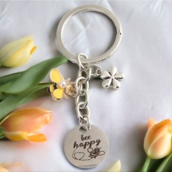 Honey Bee & Flower Keychain Metal Key Ring Purse Bag Backpack Charm - Picture 3 of 4